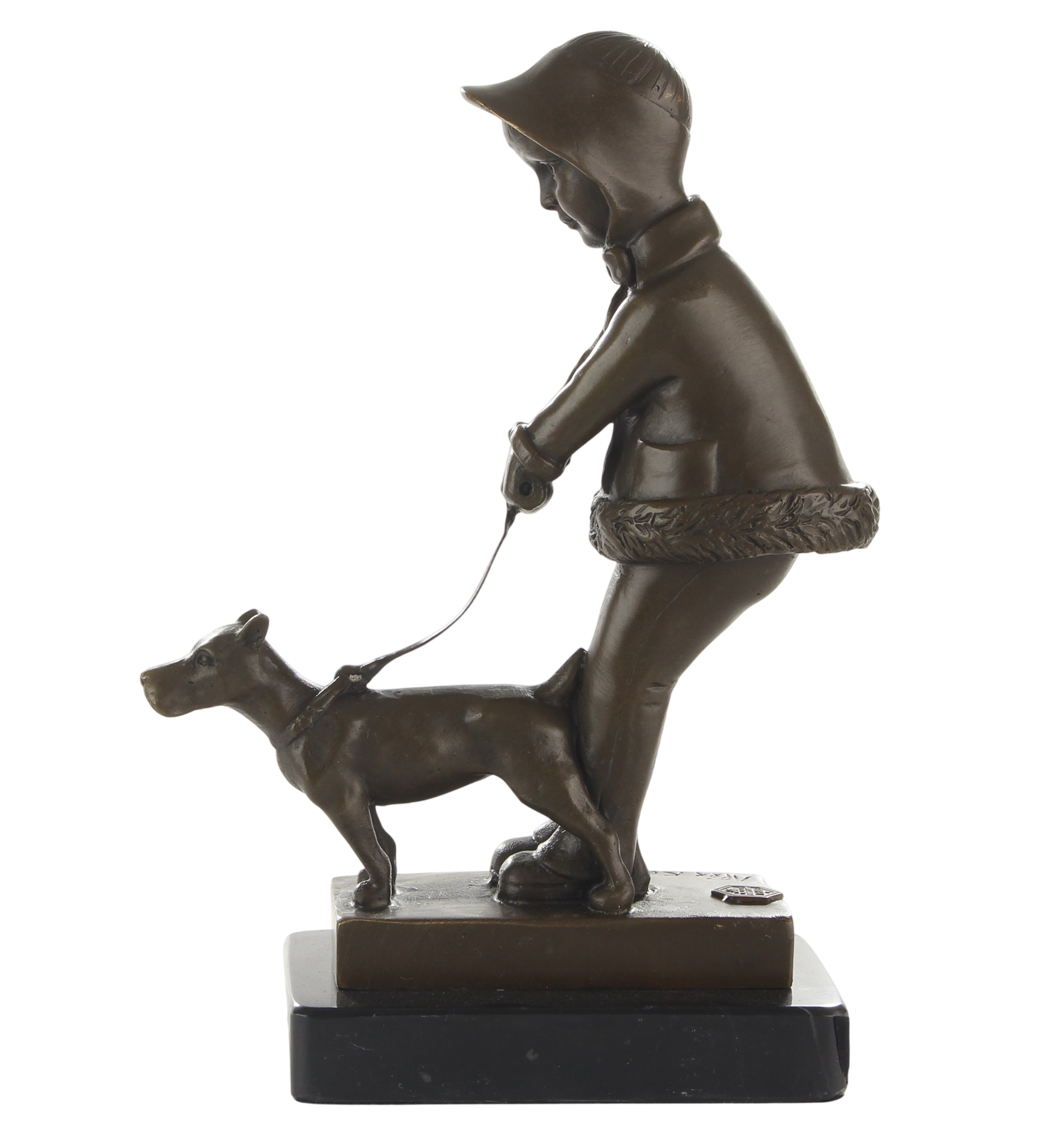 Bronzeskulptur junges Mädchen mit Hund an der Leine auf Marmorsockel, Höhe 21,3 cm