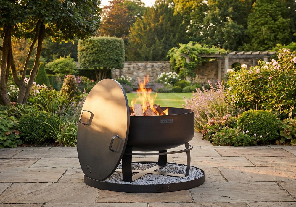 Feuerschale XXL 80 cm SET VIKING mit Deckel 81,5 cm & Steinbasis 100 cm – Feuerstelle Terrasse Garten