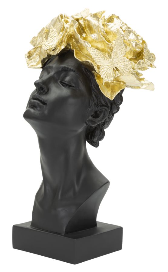 Büste Frau mit Schmetterlingen Schwarz-Gold – Dekofigur aus Polyresin für Wohnraum und Wintergarten H 36,5 cm